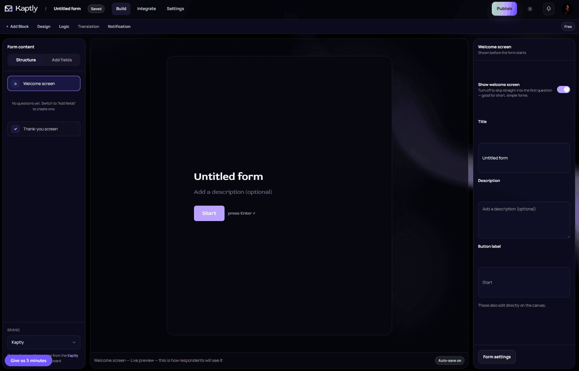 The real Kaptly form builder, with form blocks on the left, a live preview in the middle, and settings on the right.