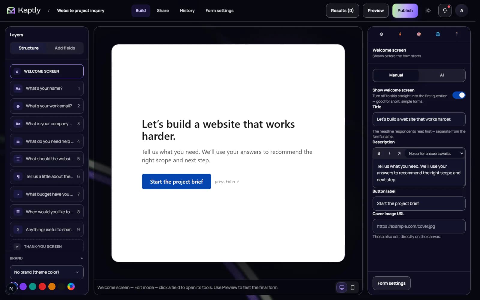 The real Kaptly Builder showing a populated website project intake with its questions, form canvas, and settings.