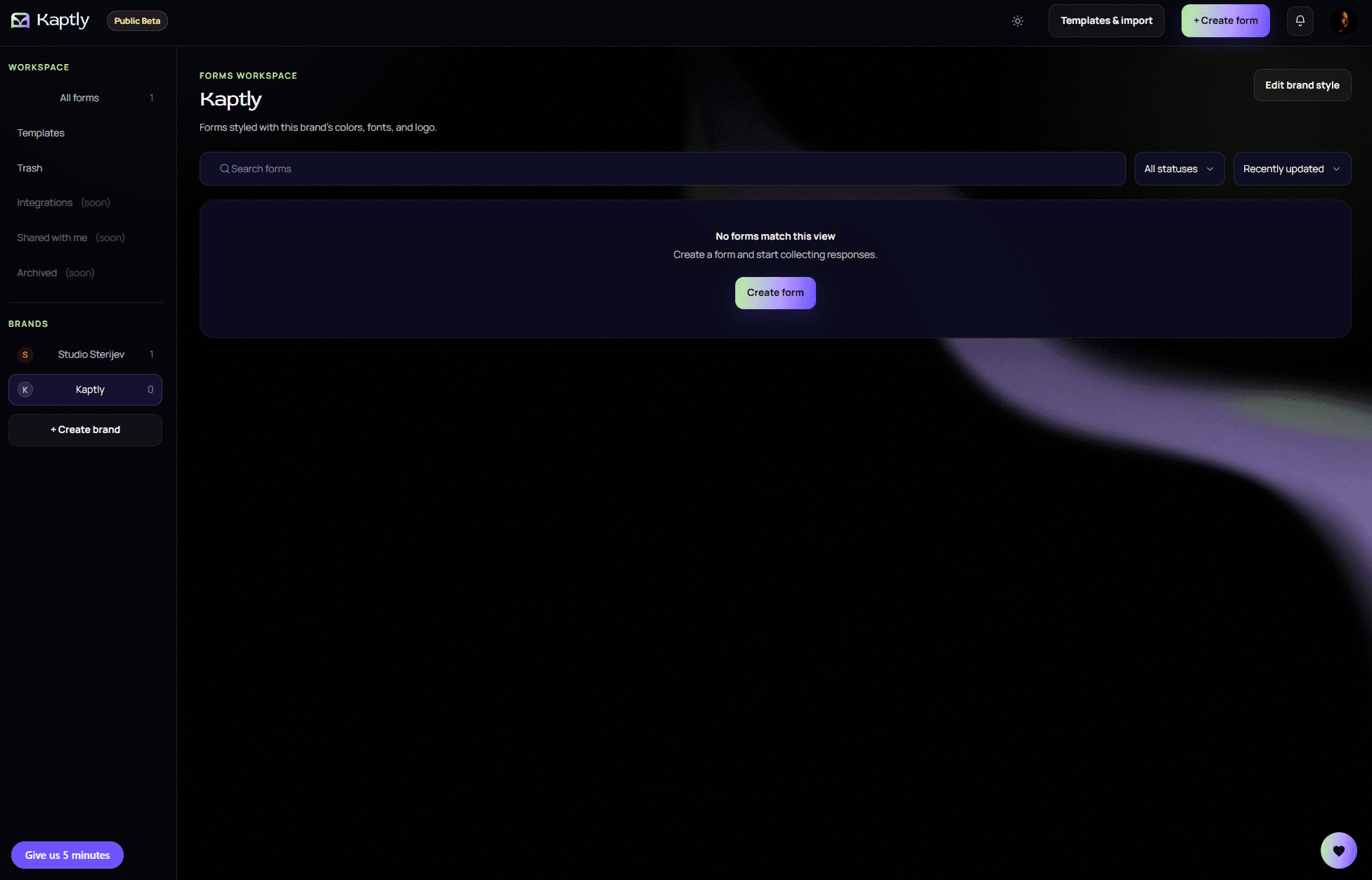 Kaptly dashboard, today